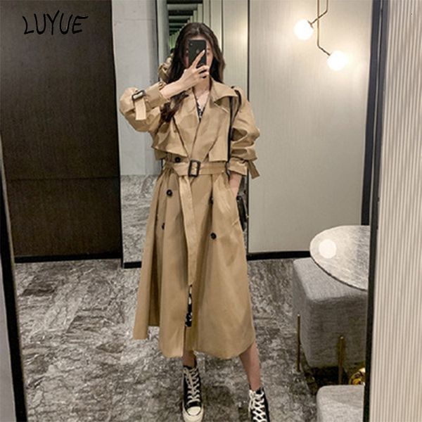 

women's trench coats autumn classic double breasted long jacket with belt female solid color lapels windbreaker winter coat for women 2, Tan;black