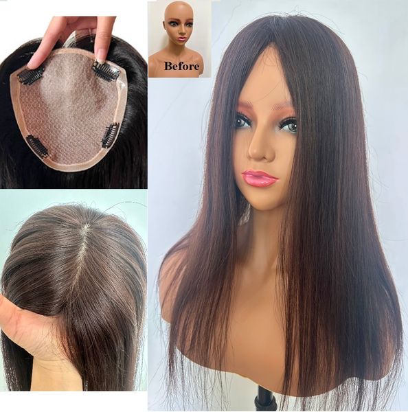 

double drawn silk hair er, 5.5" x 6" 100% virgin human hair toupee for women, 10in~20in straight part closure, one-length. 110% de, Black;brown