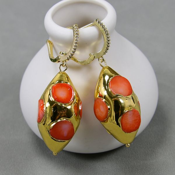 

orange coral yellow gold plated dangle olivary shape dangle earrings jewelry gifts cute for lady, Silver