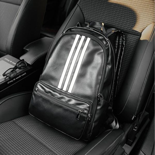 

Men shoulder bags street trend thickened leather student backpacks large striped fashion computer bag outdoor sports fitness leisure backpack 3780#, Black