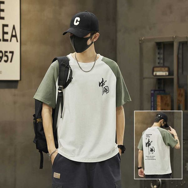 

men's t-shirt sleeved cotton short summer china-chic slim new casual inner tower bottoming clothes t color blocking, White;black