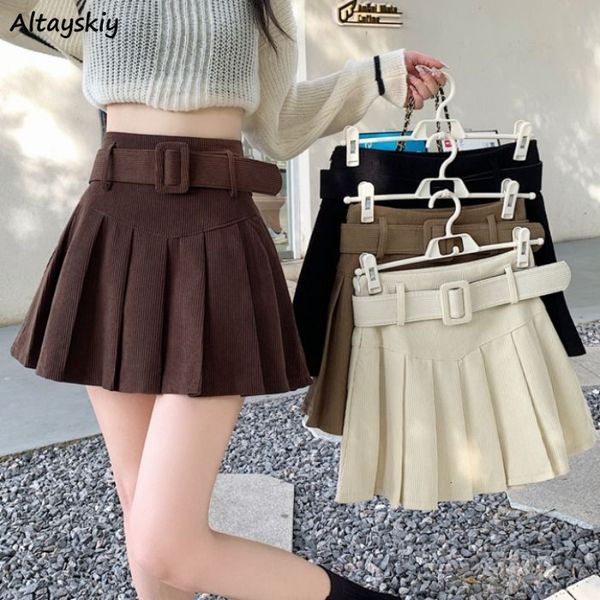 

skirts 4-color corduroy mini ski women's style with belt and cute solid harajuku autumn high waist faldas pleated prep korean style 230, Black