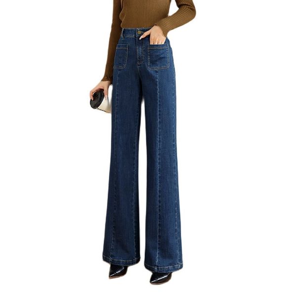 

women's jeans women's wide leg flared denim jeans spring and autumn women's casual elastic high waist straight leg elastic fa, Blue