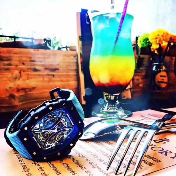 

watch milles carbon fiber hollow rectangular automatic men's mechanical overbearing fashion large dial trendy style personalized waterp, Slivery;golden