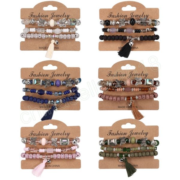 

multilayer crystal pink tassel bracelets for women ethnic bohemian fashion butterfly charm elastic rope bracelet bangles, Golden;silver