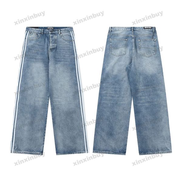 

xinxinbuy men women designer pant sport paris side ribbon wide leg jeans denim spring summer casual pants blue khaki grey m-3xl, Black;brown