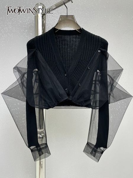 

women's knits tees twotyle slim patchwork sheer mesh sweater for women v neck long sleeve solid knitting single breasted cardigan femal, White