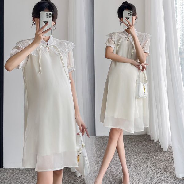 

maternity dresses summer lace ruffled o-neck pregnant women's wear elegant loose fitting pregnant women's wear 230404, White