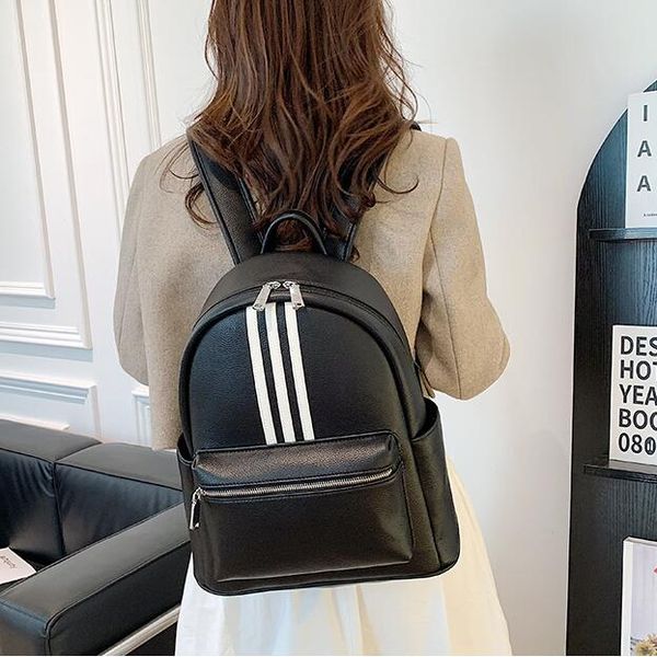 

Fashionable womens shoulder bag outdoor sports fitness and leisure travel backpack street trend leather student backpacks large capacity fashion striped handbag, Black