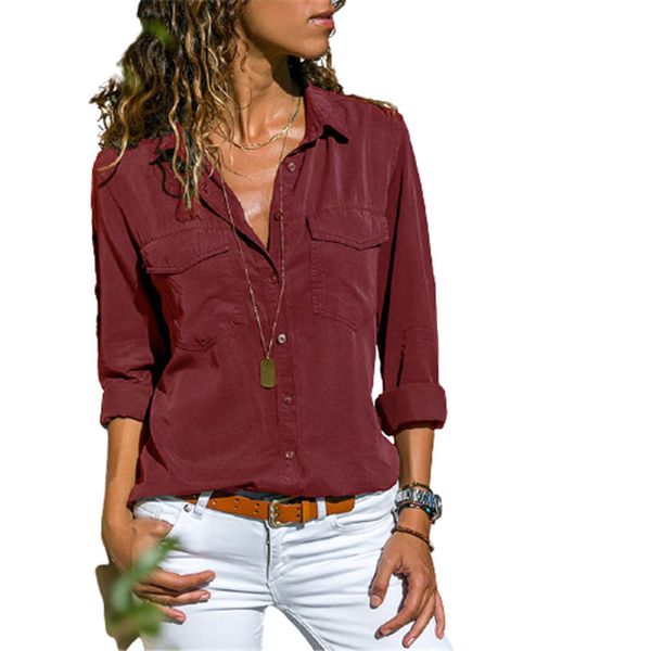 

women's blouses shirts autumn women's pocket office shirt plus size polo collar long sleeve slim fit button women's black pin, White