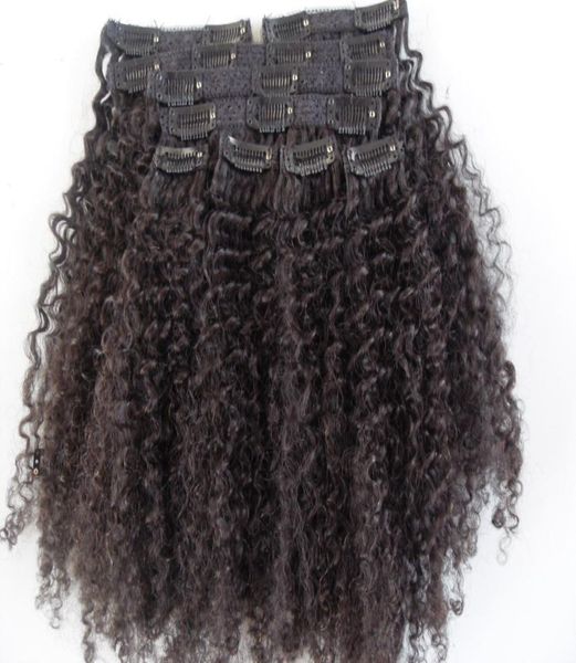 

mongolian human virgin hair extensions with lacing cloth 9 pieces with 18 clips clip in hair kinky curly hair dark brown natural b1347834, Black