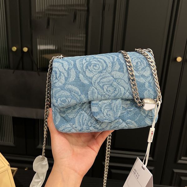 

womens designer blue denim camellia bags classic mini sqaure flap quilted purse with silver heart crush bead metal hardware chain crossbody