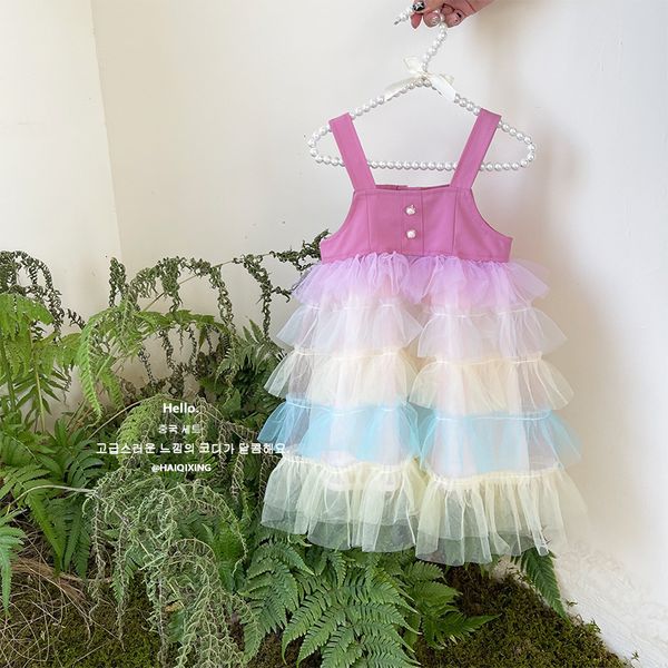 

girl's dresses 2023 girls summer rainbow tank princess korean style casual children's clothing toddler baby birthday tulle puffy 2, Red;yellow