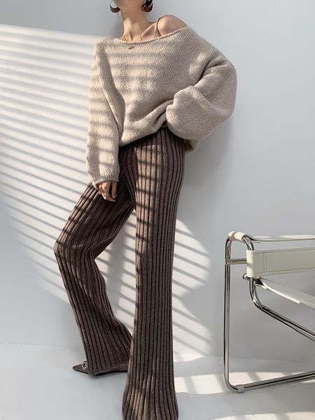 

women's shorts knitting pit strip wideleg pant's autumn winter highwaisted slim drapey straighttube microtrumpet mopping long pant, White;black