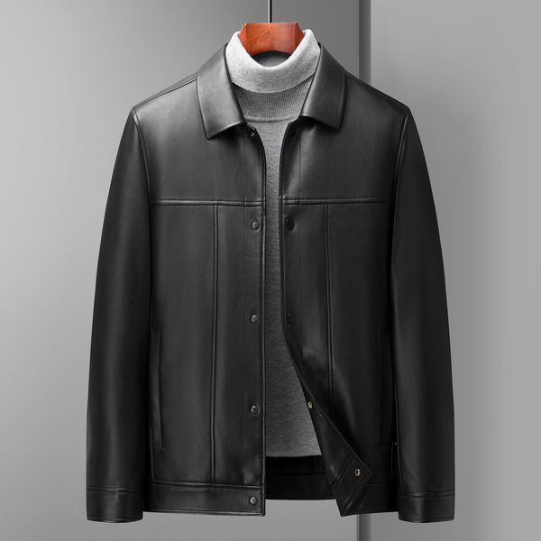 

men's leather faux bl8806 fall fashion collar jacket thin middle aged business casual home wear 230404, Black