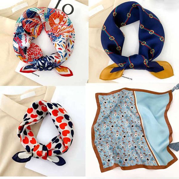 

sarongs pure silk scarf women neck hair band foulard square small headband 2022 fashion print neckerchief scarves bandana 53*53cm p230403, Blue;gray