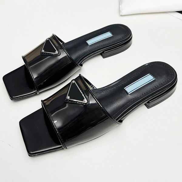 

popular womens designer sandals slippers with triangular signature logo on the upper comfortable flat bottomed slippers transparent sandals, Black
