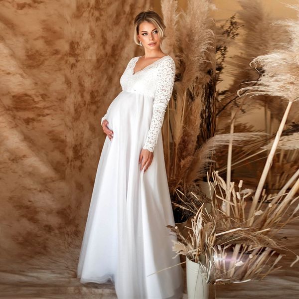 

maternity dresses lace white for baby shower pregnancy po shoot maxi gown pregnant women party wedding pography props 230404