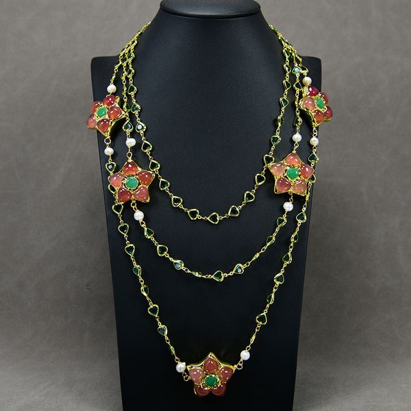 

3 strands cultured white pearl beaded orange agate jade paved green heart glass chain necklace lady fashion jewelry gifts, Silver