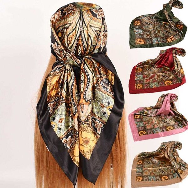 

sarongs large cashew flower printed hair scarf sunscreen imitation silk square smooth retro scarf outdoor women' turban hair scarf p23, Blue;gray