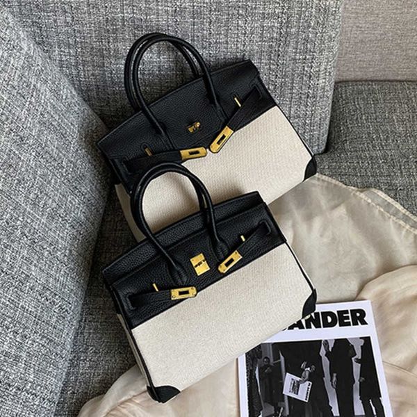 

birkin h erms genuine leather patchwork canvas handbag 2023 canvas generous women's work logoqq