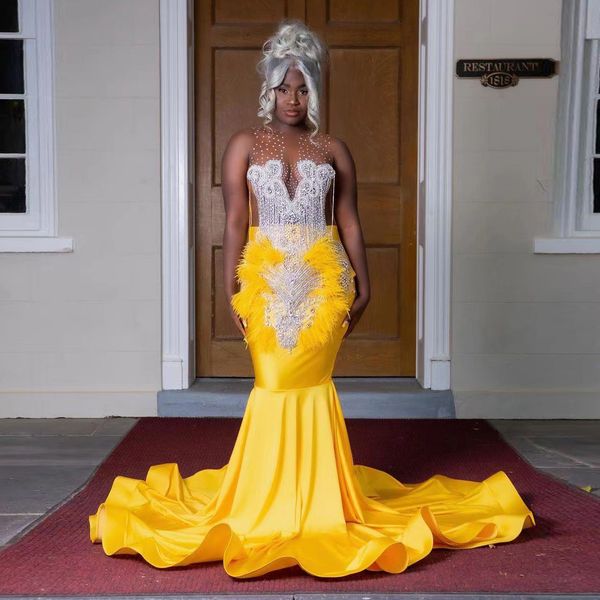 

new yellow mermaid prom dresses for black girls beads tassels feathers birthday party evening dress robe de bal