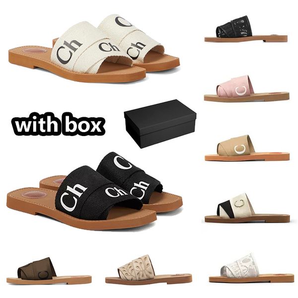 

designer woody sandals with box women mules flat slides light tan beige white black pink lace lettering fabric canvas slippers womens summer