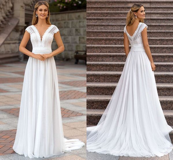 

2023 new lace boho wedding dress beach v neckline ivory back out tulle bridal gowns cap sleeves sweep train robe de mariee, White