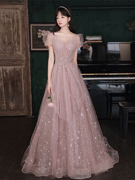 

graceful pink bridesmaid dress puff sleeve v neck applique sequined glitter tulle pleated a-line long celebrity party prom gowns, White;pink