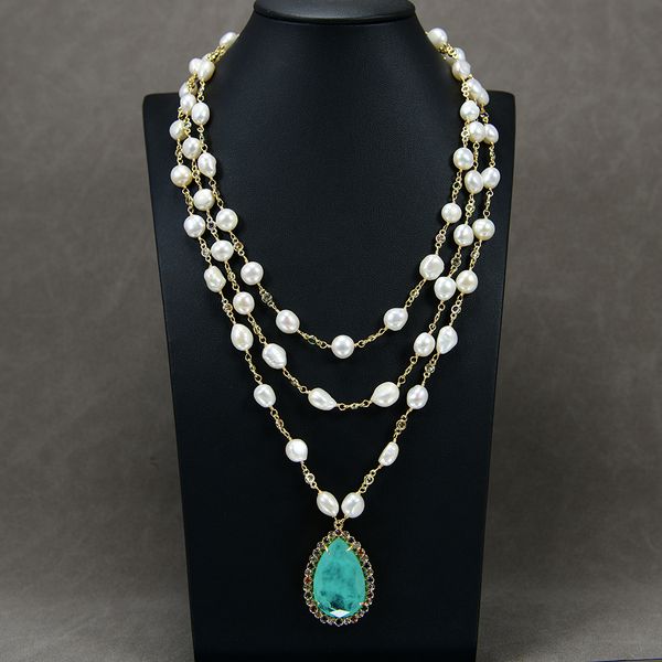 

3 rows freshwater beaded white keshi pearl mix color cz rosary chain necklace green quartz teardrop cz pave pendant jewelry gifts, Silver
