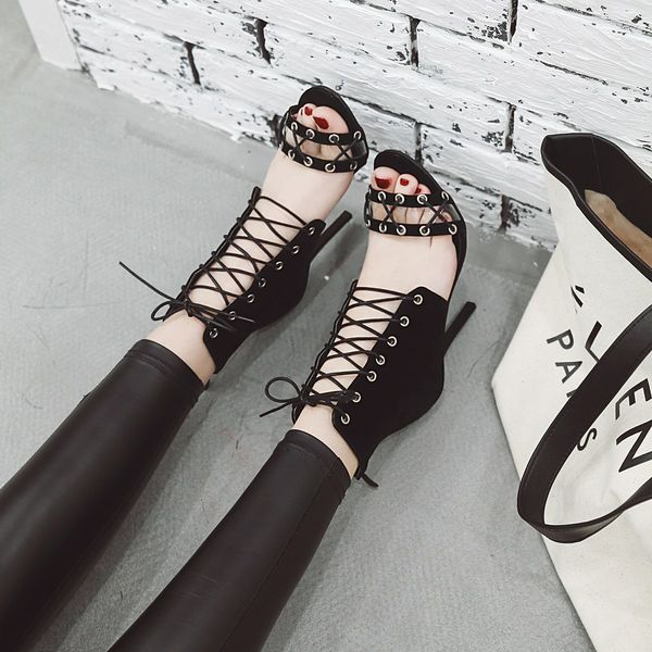 

roman sandals sandals thin heels lace up oversize women's shoes, Black