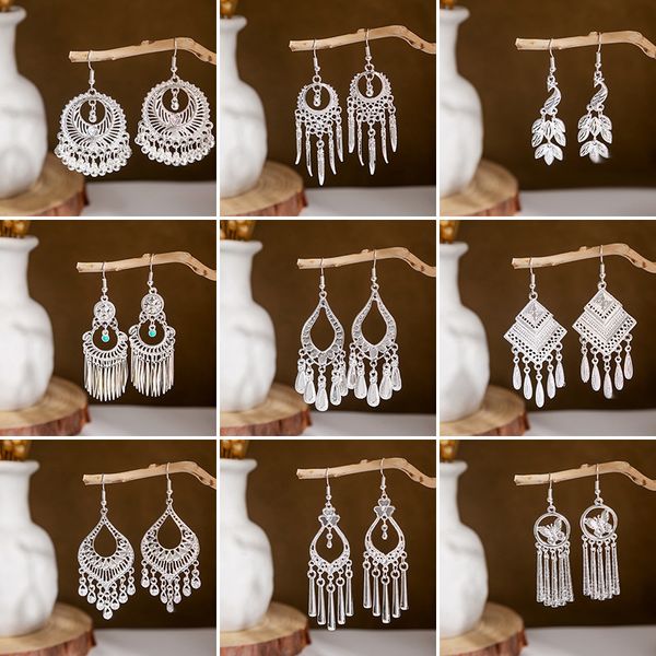 

in bulk 38 styles dangle chandelier earrings for women fashion ladies exotic retro literary classical hook hollow pendant earrings jewelry f, Silver