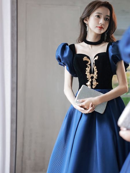 

royal blue satin evening dresses square collar vintage princess puff sleeve strapless luxury a-line prom celebrity formal gowns, Black;red