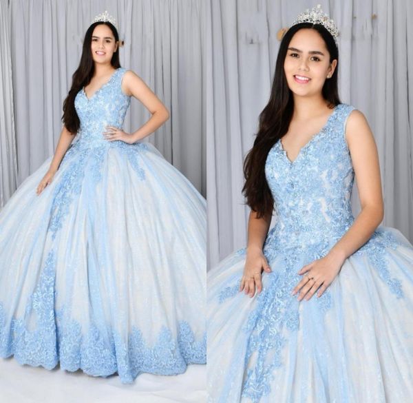 

classic vneck quinceanera dresses light blue lace crystal corset back ball gown sweet 16 girls prom formal evening gowns vestidos2560321, Blue;red