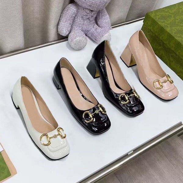 

women dress shoes designer shoes fashion cowhide high heels square coarser heel 100% leather metal buckle lady heeled boat shoe large size 3, Black