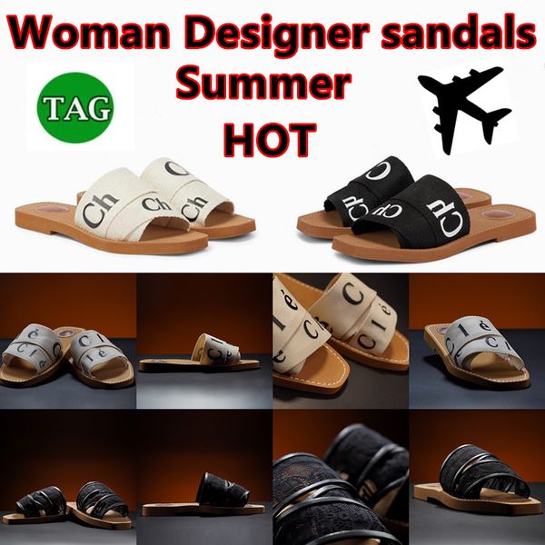 

women designer luxury summer woody sandals for mules flat slides light tan beige white black pink lace lettering fabric canvas slippers wome