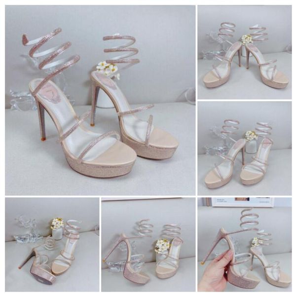 

rene caovilla cleo open toe sandals crystal embellished spiral wrap around sandals twining rhinestone sandal women rainbow stiletto heels sh, Black