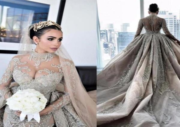 

2020 luxury crystal beaded mermaid wedding dresses with detachable train high neck long sleeves arabic mulslim bridal gown5386227, White