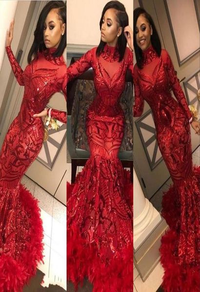 

2020 new red prom dresses high neck sequined lace long sleeves mermaid sequins feather sweep train party dress formal evening6649457, Black