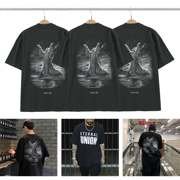 

american high street oversized men vintage printing crewneck breathable fog dark gray cotton t shirt, White;black