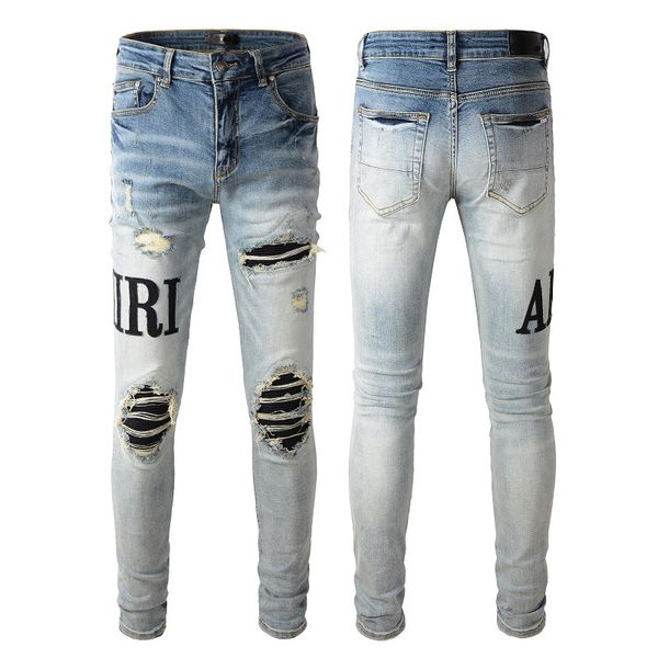 

fashion amiryes high street cotton fold slim blue hole patch denim jean for men