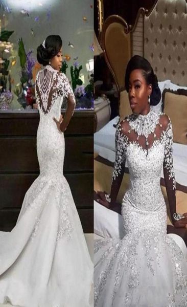

luxury mermaid lace wedding dresses crystals sheer high neck plus size long sleeves bridal gown court train trumpet beaded vestido8335336, White
