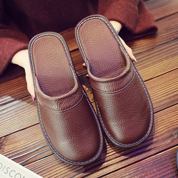 

slippers home slides men indoor fur leather mules men's autumn house flip flops male husband guest big size 47 48 230404, Black
