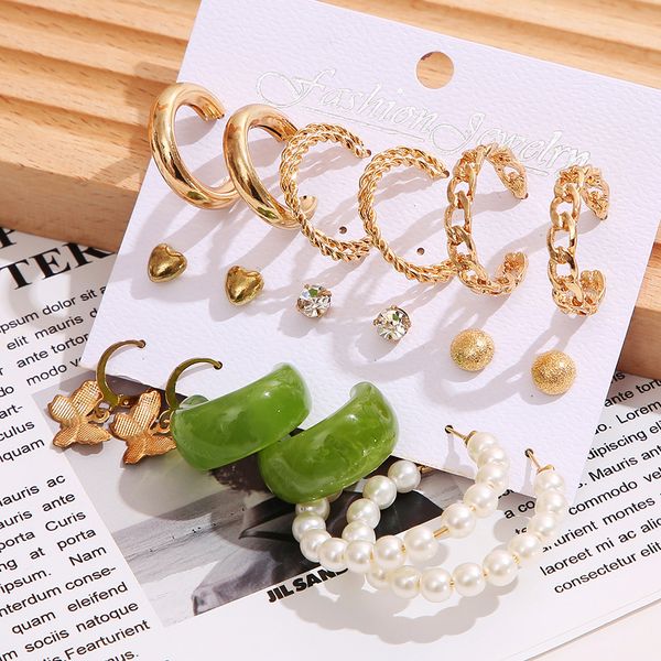 

clip on hoop earring set of 5 pairs creative simple acrylic earrings alloy metal earrings pearl ear loops female, Golden;silver