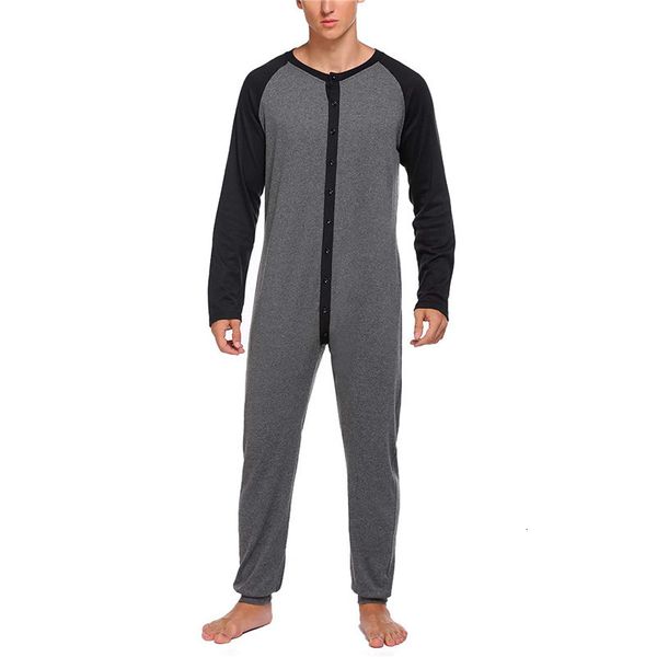 

men s sleepwear long sleeve colorblock patchwork pajamas casual homewear nightgown men buttons up jumpsuit nightwear 230404, Black;brown
