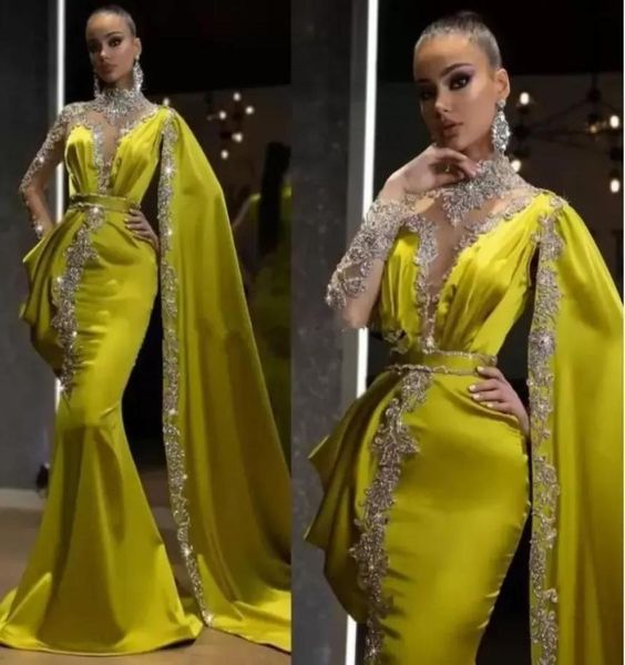 

arabic lemon green crystals formal evening dresses mermaid dubai indian high neck one sleeve cape beads long trumpet prom gowns bc1988012, Black;red