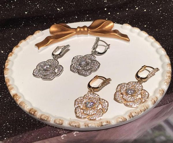 

sparkling diamond zirconia copper camellia flower pendant earrings fashion luxury designer stud earrings for woman s925 silver pos8126714, Golden;silver