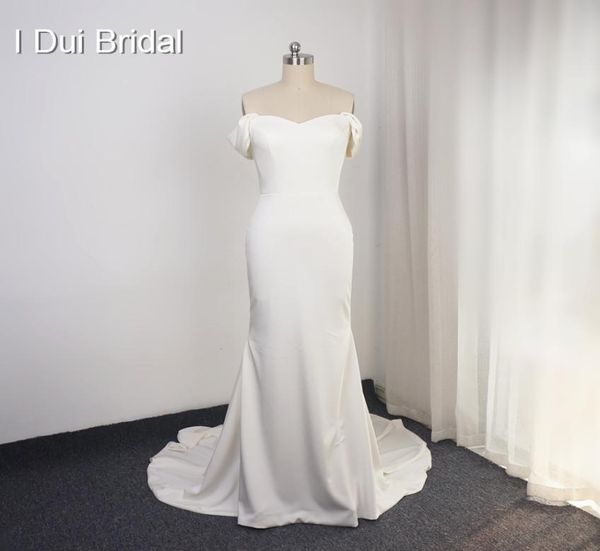 

simple satin wedding dress sheath pure bridal gown off the shoulder spandex material court train9688261, White