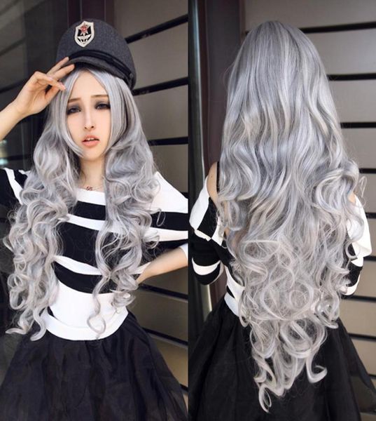

woodfestival grey wig with bangs curly synthetic wigs long wavy grandmother gray hair 80 cm8908830, Black
