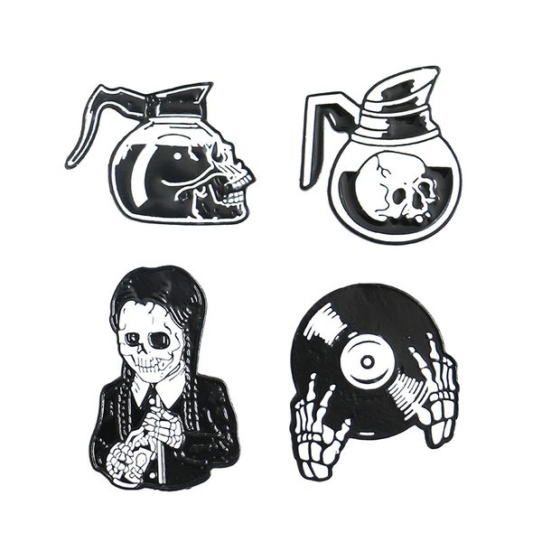 

wednesday adams family character skeleton head water bottle brooch cute anime movies games hard enamel pins collect metal cartoon brooch, Blue